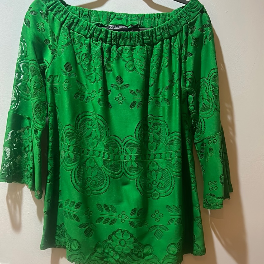 New York & Company Green Lace Pattern Blouse